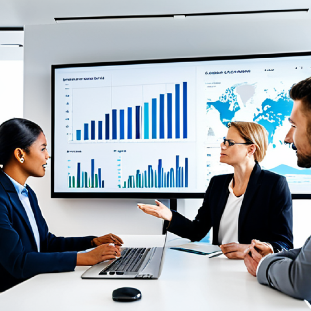 글로벌 비즈니스 분야의 중점 과목 - A diverse team of professionals collaborating in a modern, brightly lit office, discussing global ma...