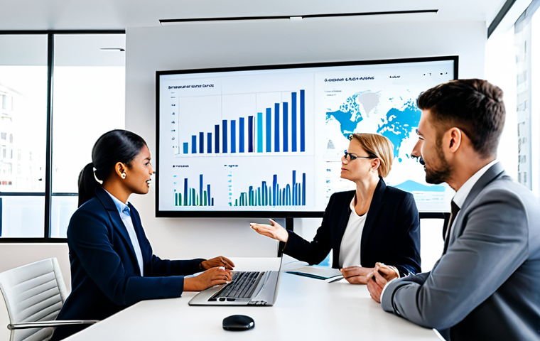 글로벌 비즈니스 분야의 중점 과목 - A diverse team of professionals collaborating in a modern, brightly lit office, discussing global ma...