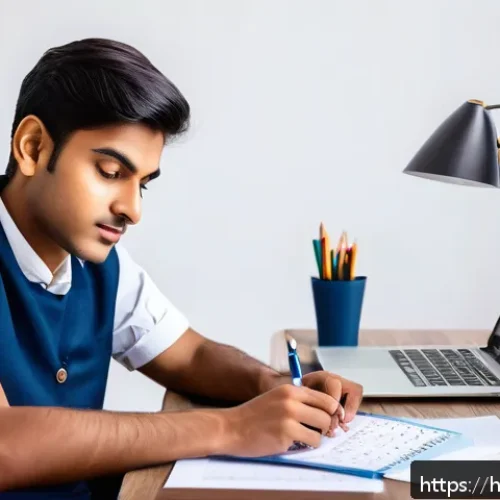 글로벌 비즈니스 자격증 취득을 위한 공부 계획 - A focused Indian student sitting at a tidy study desk with a well-organized syllabus and priority li...