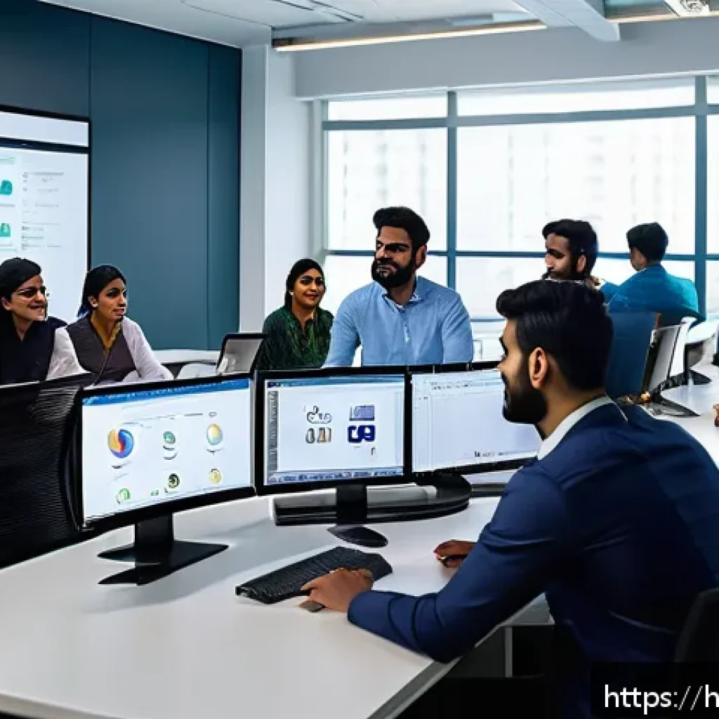 글로벌 비즈니스 업무 프로세스 최적화 - A modern Indian office environment showcasing a diverse team of professionals using digital communic...