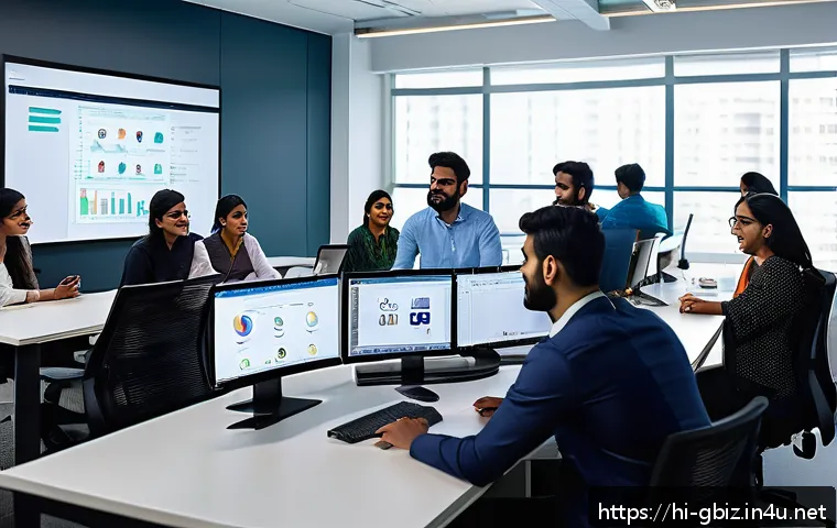 글로벌 비즈니스 업무 프로세스 최적화 - A modern Indian office environment showcasing a diverse team of professionals using digital communic...