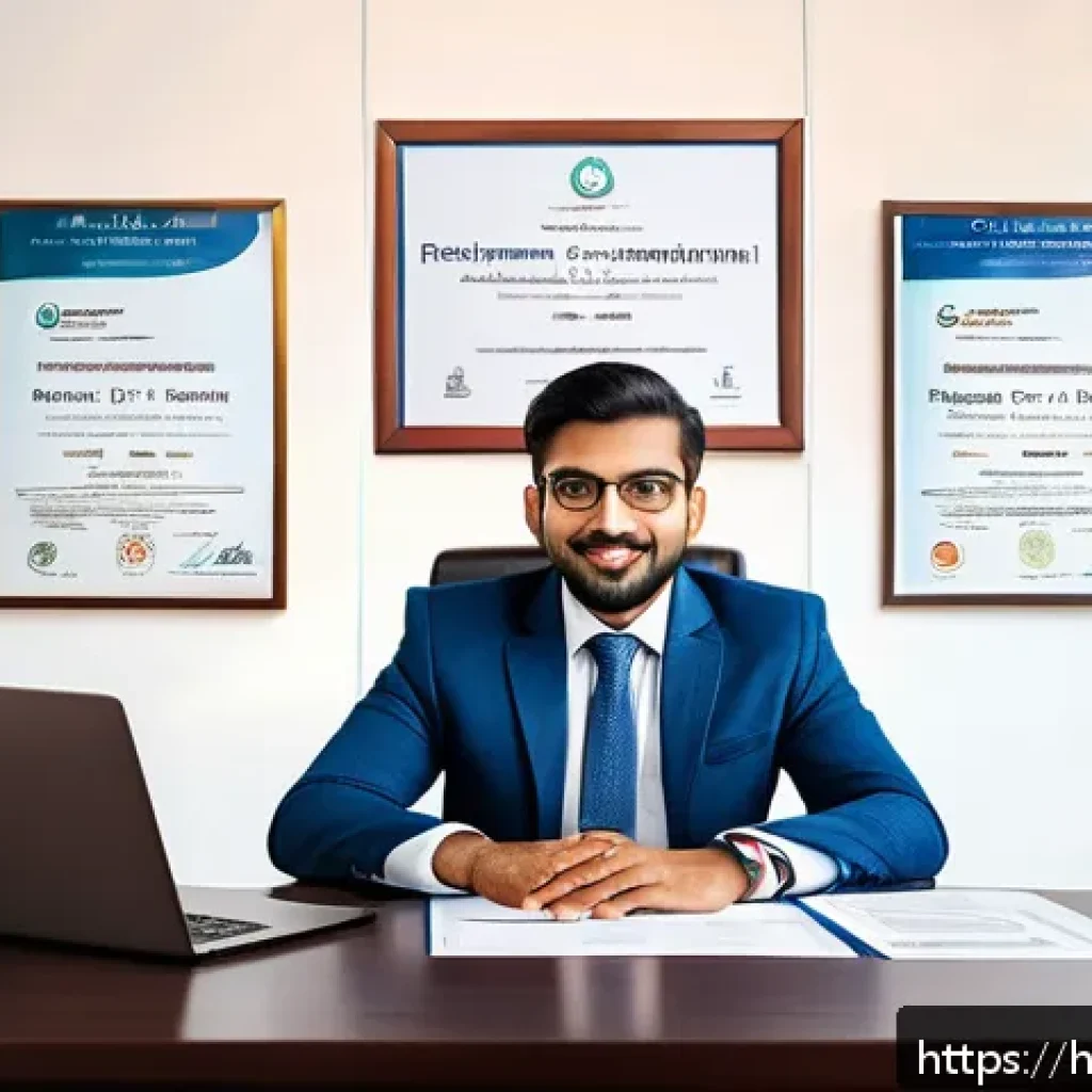 글로벌 비즈니스 자격증 취득 과정 - A professional Indian man in formal business attire sitting at a modern desk, surrounded by internat...
