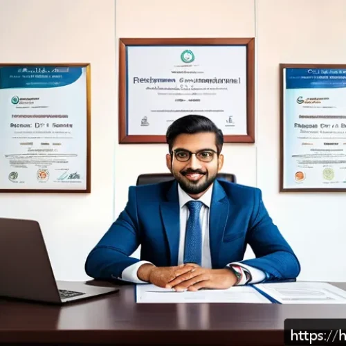 글로벌 비즈니스 자격증 취득 과정 - A professional Indian man in formal business attire sitting at a modern desk, surrounded by internat...