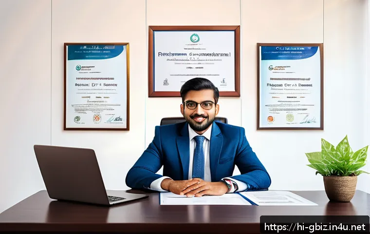 글로벌 비즈니스 자격증 취득 과정 - A professional Indian man in formal business attire sitting at a modern desk, surrounded by internat...