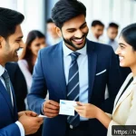 글로벌 비즈니스 전문가 업무 경험 공유 - A professional international networking scene showing diverse business people from India and other c...