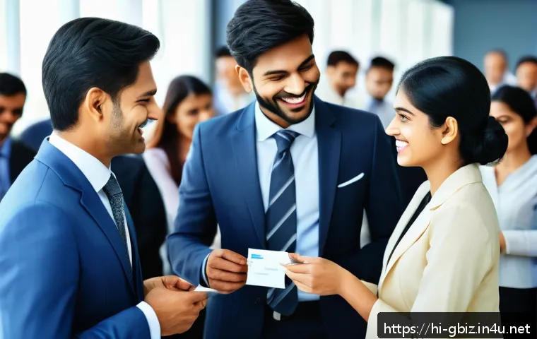 글로벌 비즈니스 전문가 업무 경험 공유 - A professional international networking scene showing diverse business people from India and other c...