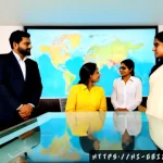 글로벌 비즈니스 직무별 요구 능력 - Photorealistic global business strategy meeting in a sleek Mumbai corporate office, confident Indian...
